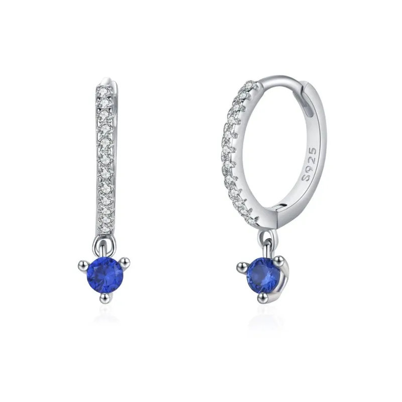925 Sterling Silver Sapphire Blue Zircon Drop Hoop  Earring 60300216
