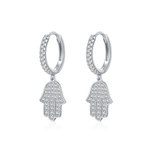 925 Sterling Silver Pave CZ Hamsa Hand Huggie Earrings 60300217