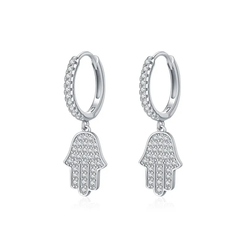 925 Sterling Silver Pave CZ Hamsa Hand Huggie Earrings 60300217