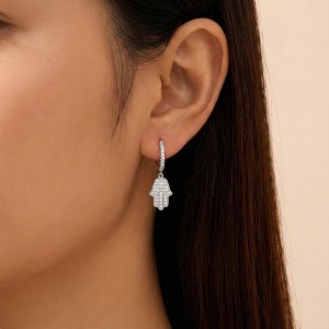 925 Sterling Silver Pave CZ Hamsa Hand Huggie Earrings 60300217