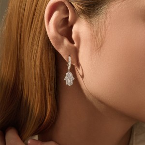 925 Sterling Silver Pave CZ Hamsa Hand Huggie Earrings 60300217
