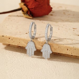 925 Sterling Silver Pave CZ Hamsa Hand Huggie Earrings 60300217