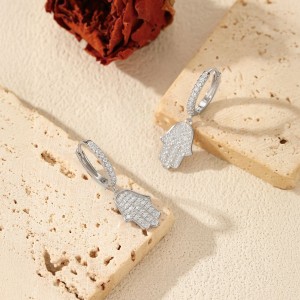 925 Sterling Silver Pave CZ Hamsa Hand Huggie Earrings 60300217