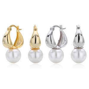 925 Sterling Silver Puffy Hoop Fresh Water Pearl Drop Earrings 60400034