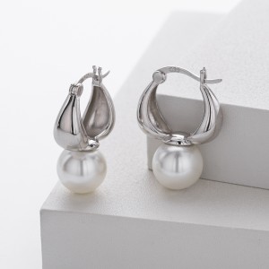 925 Sterling Silver Puffy Hoop Fresh Water Pearl Drop Earrings 60400034