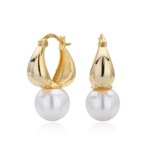 925 Sterling Silver Puffy Hoop Fresh Water Pearl Drop Earrings 60400034