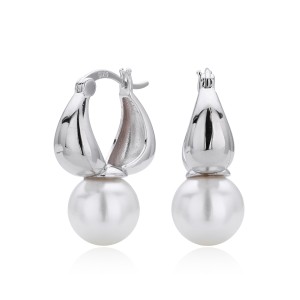 925 Sterling Silver Puffy Hoop Fresh Water Pearl Drop Earrings 60400034