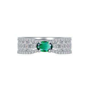 925 Sterling Silver Leaf Zirconia Emerald Band Ring 70100270