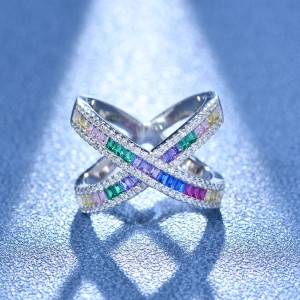 925 Sterling Silver Rainbow Cross Lines Zirconia Band Ring 70100292 925 Sterling Silver Rainbow Cross Lines Zirconia Band Ring 70100292
