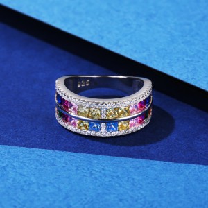 925 Sterling Silver Luxury Square Rainbow Zirconia Band Ring 70100293 925 Sterling Silver Luxury Square Rainbow Zirconia Band Ring 70100293