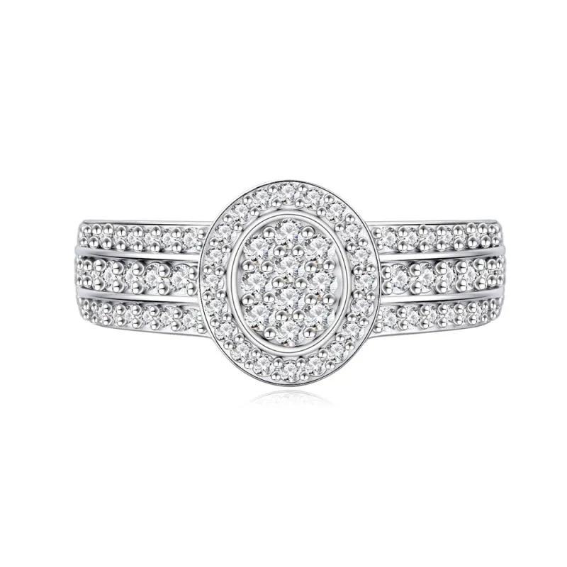 925 Sterling Silver Oval Halo Full Pave CZ Band Ring 70100342
