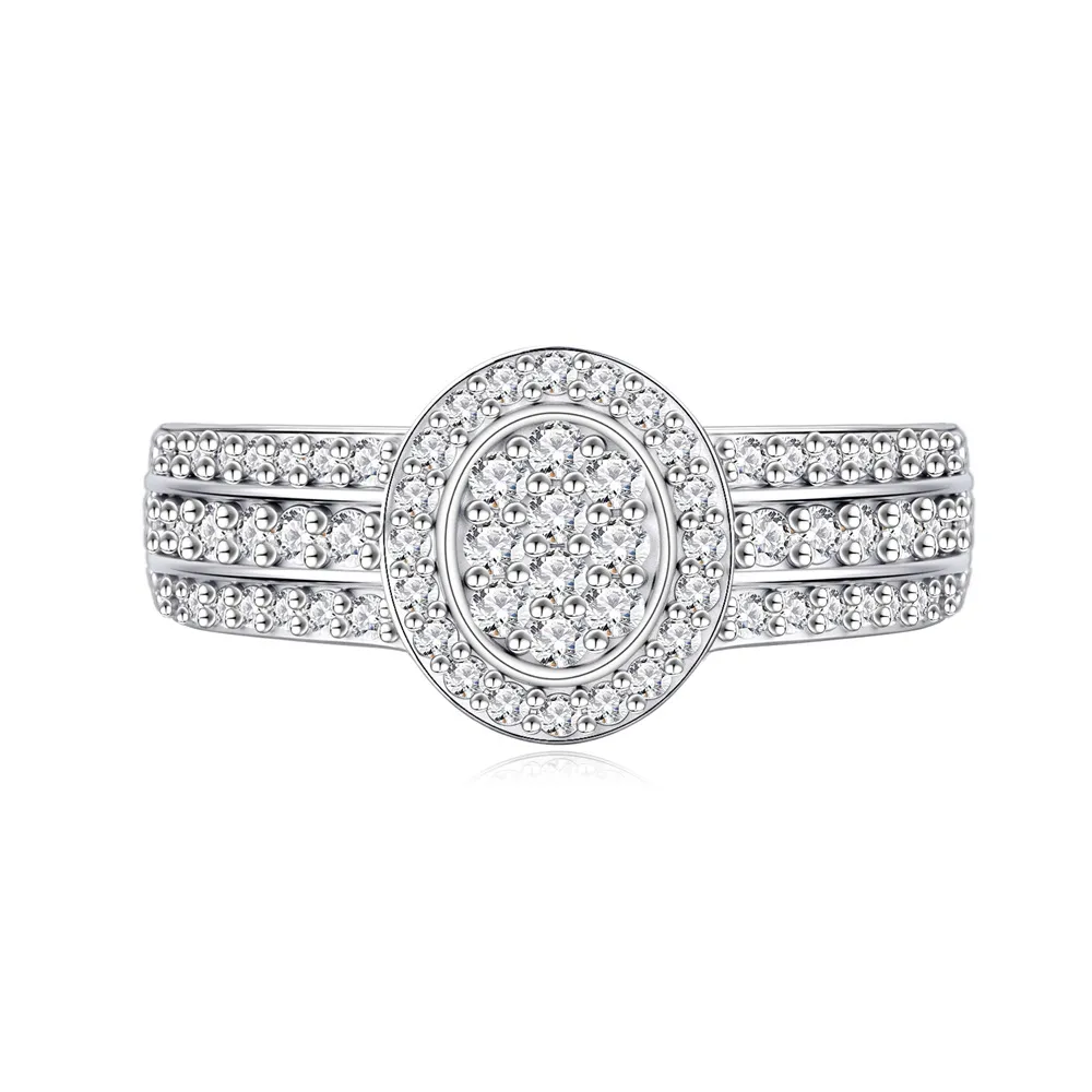 925 Sterling Silver Oval Halo Full Pave CZ Band Ring 70100342