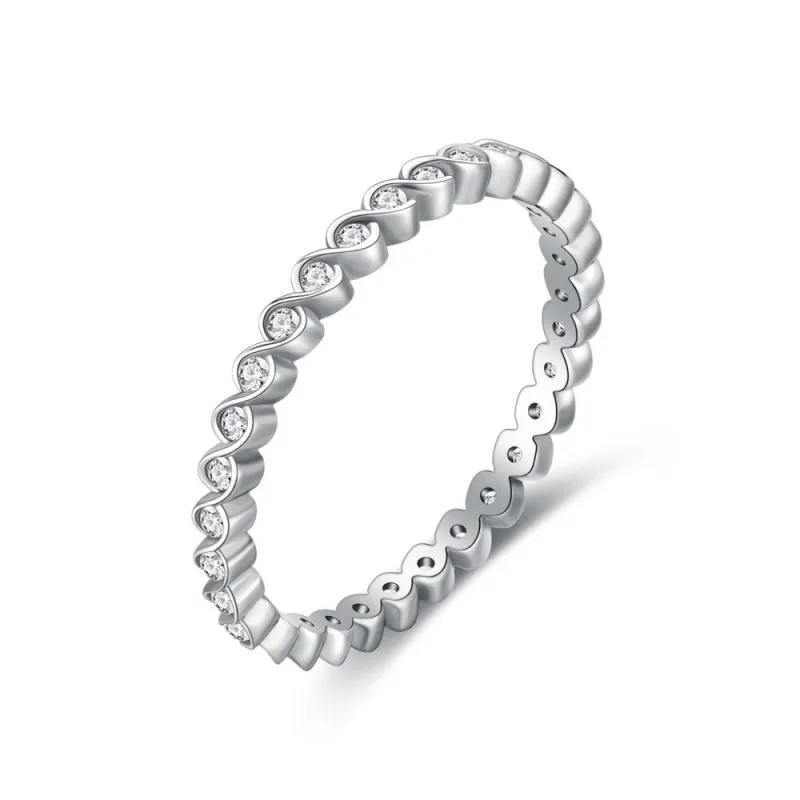 925 Sterling Silver Wave Bezel-Set CZ Stacking Band Ring 70100344