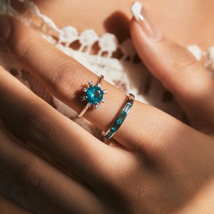 925 Sterling Silver Paraiba Sunflower Baguette-cut Band Ring 70100351