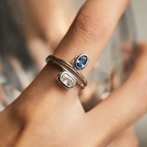 925 Sterling Silver Double Band Aquamarine CZ Ring 70100355