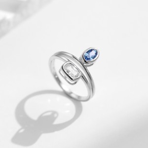 925 Sterling Silver Double Band Aquamarine CZ Ring 70100355