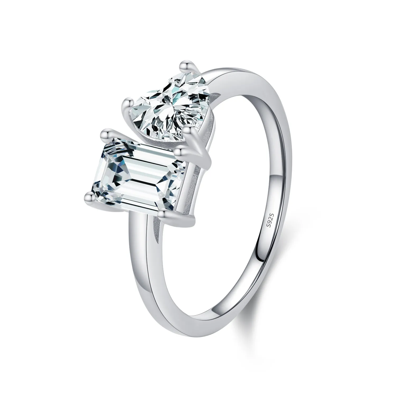 925 Sterling Silver Heart & Emerald Cut CZ Ring 70100371