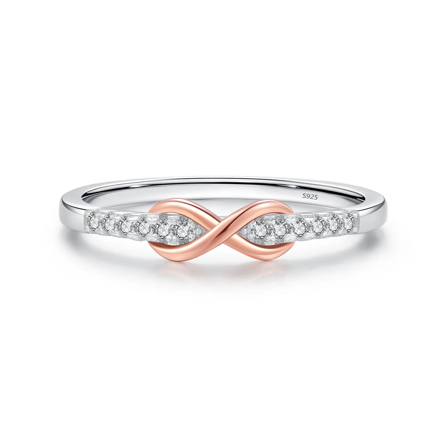 925 Sterling Silver Rose Gold Infinity Twist CZ Ring 70100379