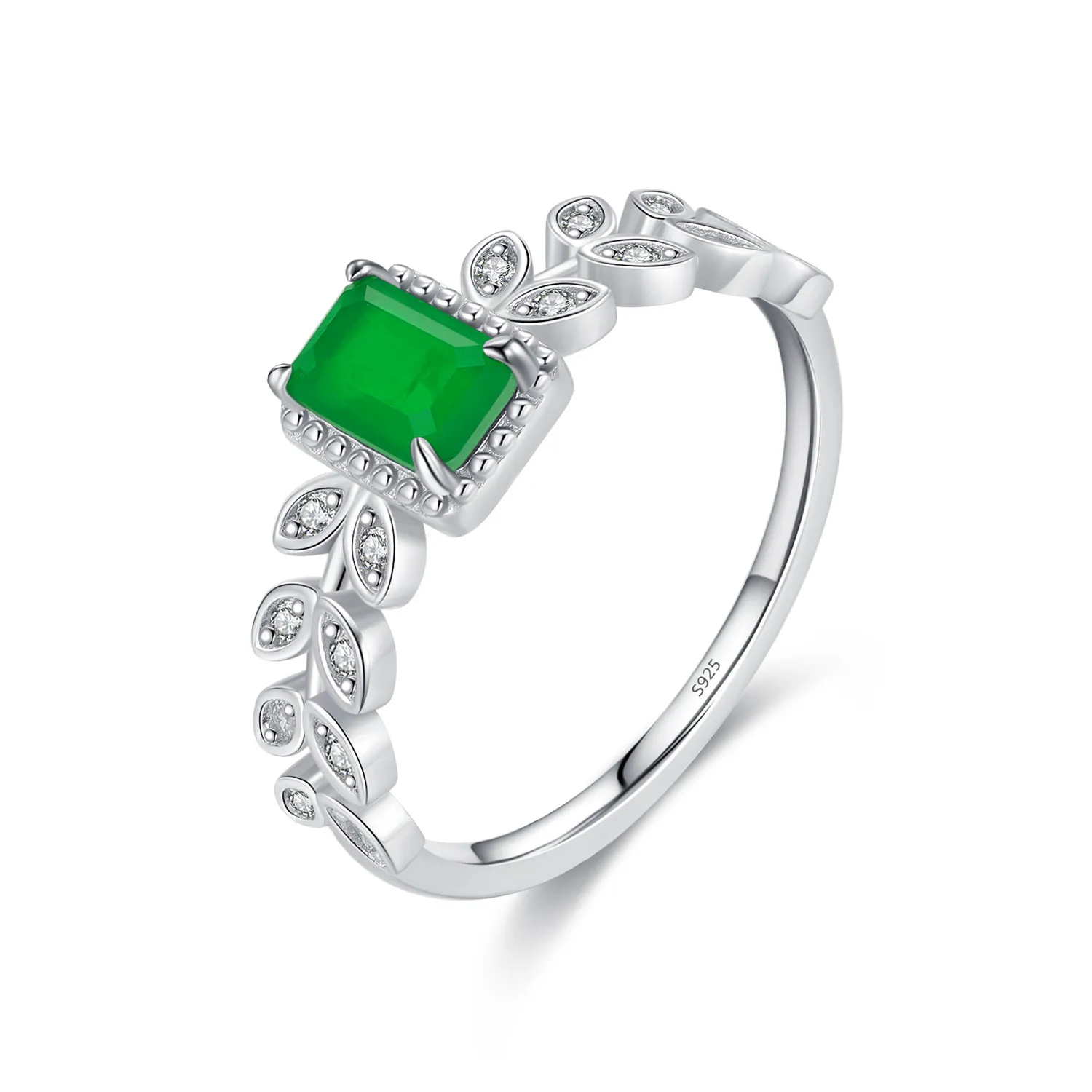 925 Sterling Silver Vintage Emerald-Cut Green Zirconia Leaf Ring 70100380