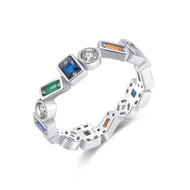 925 Sterling Silver Irregular Geometric Rainbow CZ Ring 70100381