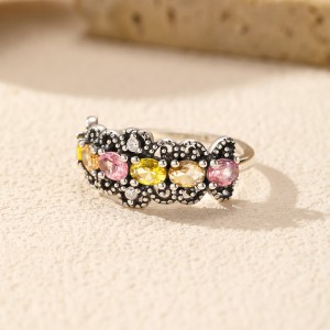 925 Sterling Silver Vintage Oxidized Dopamine Color CZ Ring 70100414