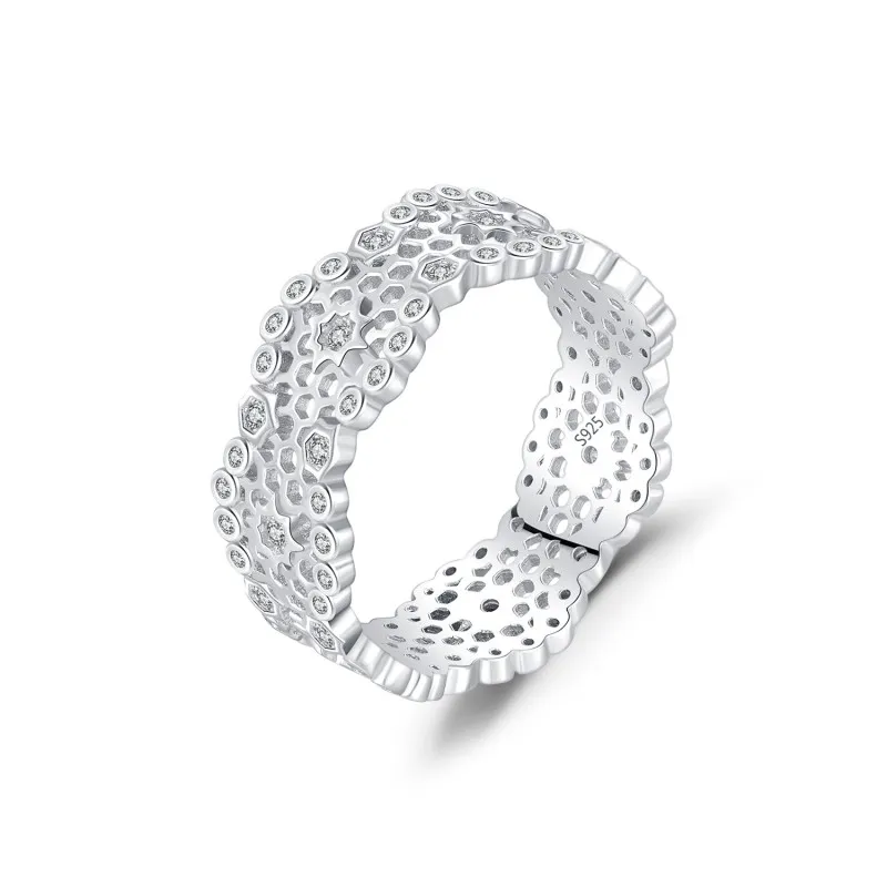 925 Sterling Silver Hollow Lace Honeycomb CZ Band Ring 70100421