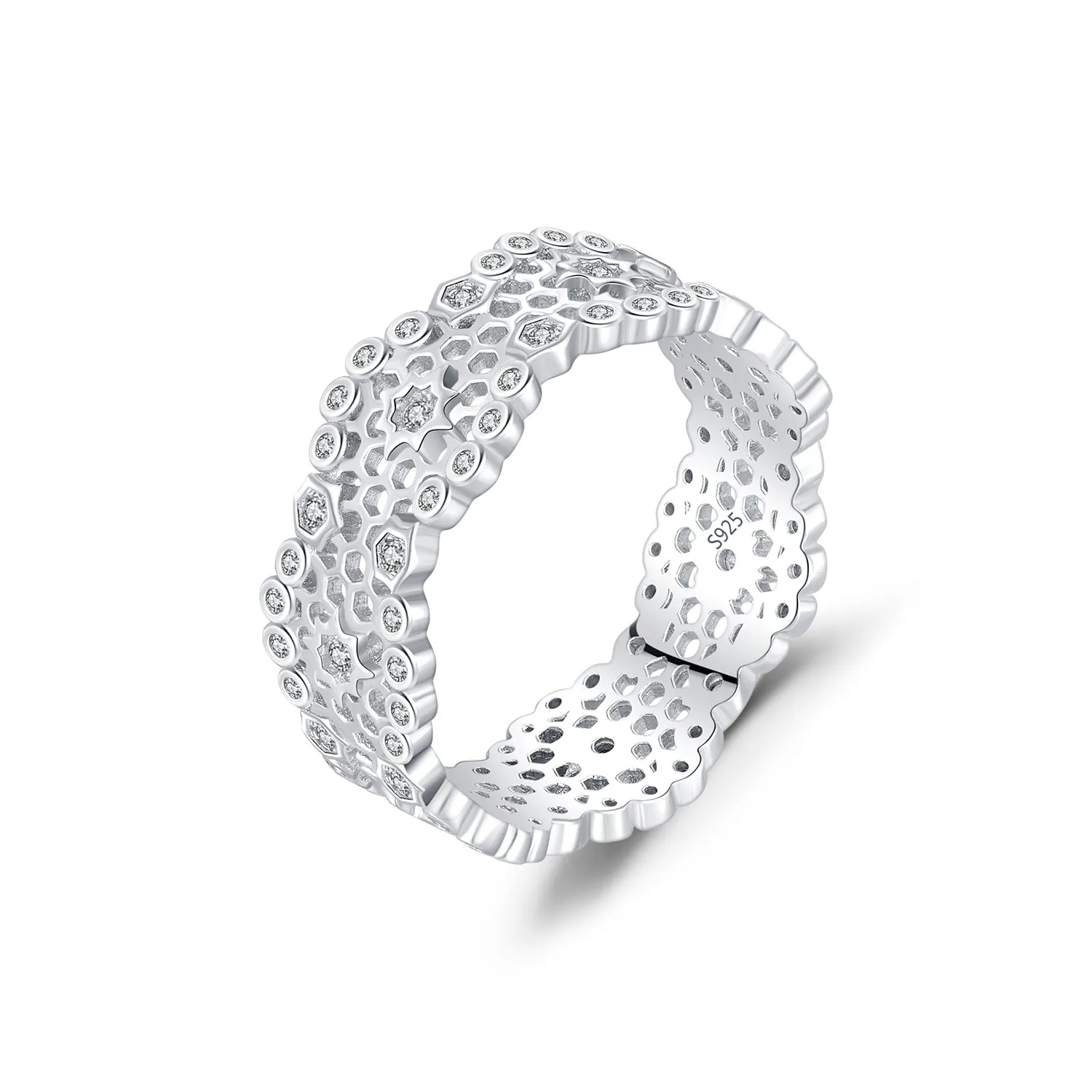925 Sterling Silver Hollow Lace Honeycomb CZ Band Ring 70100421