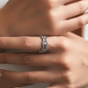 925 Sterling Silver Hollow Lace Honeycomb CZ Band Ring 70100421