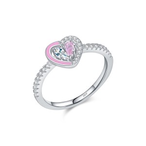 925 Sterling Silver Pink Enamel Double Gemstone Heart Ring 70100430