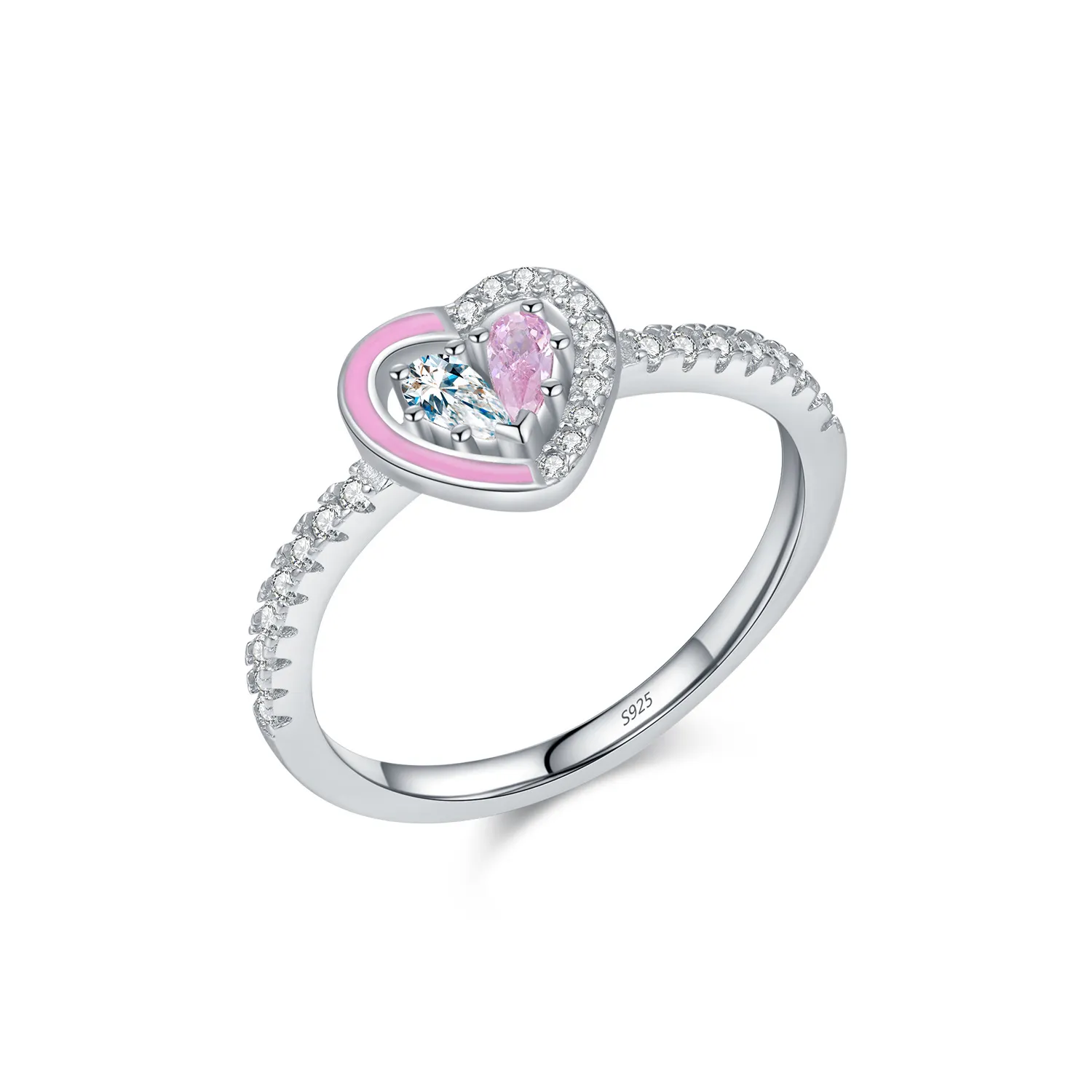 925 Sterling Silver Pink Enamel Double Gemstone Heart Ring 70100430