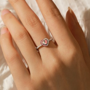 925 Sterling Silver Pink Enamel Double Gemstone Heart Ring 70100430
