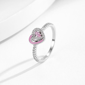 925 Sterling Silver Pink Enamel Double Gemstone Heart Ring 70100430