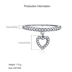 925 Sterling Silver Heart Zircon Dangle Ring 70100442