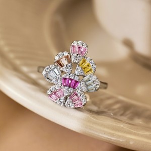 925 Sterling Silver Colorful Zirconia Flower Solitaire Ring 70200193 925 Sterling Silver Colorful Zirconia Flower Solitaire Ring 70200193