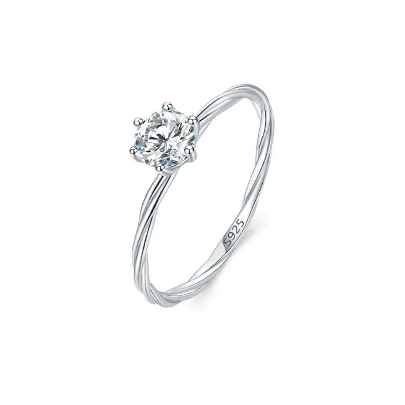 925 Sterling Silver Minimalist Twisted Six-Prong CZ Solitaire Ring 70200327