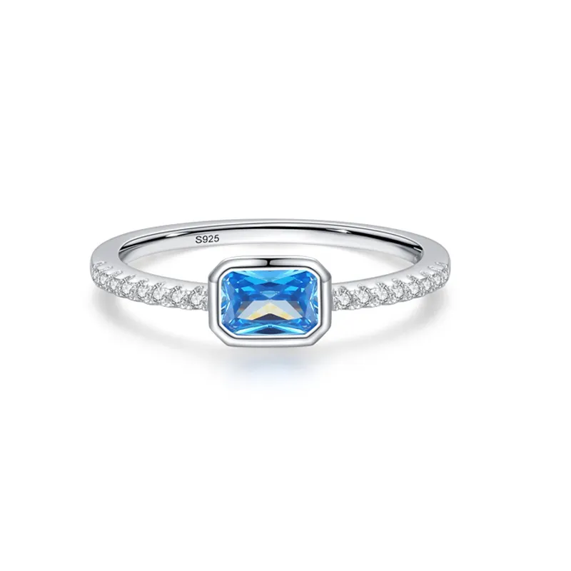 925 Sterling Silver Emerald Cut Blue Zircon Ring 70200372