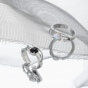 925 Sterling Silver Black Agate Moonstone Adjustable Open Ring 70400260 925 Sterling Silver Black Agate Moonstone Adjustable Open Ring 70400260