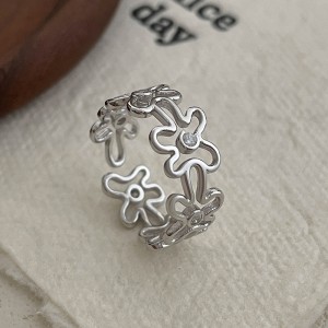 925 Sterling Silver Adjustable Pave CZ Flower Open Ring 70400270