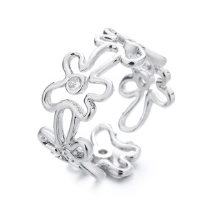 925 Sterling Silver Adjustable Pave CZ Flower Open Ring 70400270