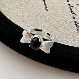 925 Sterling Silver Frosted Bow Black Agate Adjustable Ring 70400280