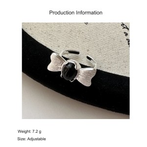 925 Sterling Silver Frosted Bow Black Agate Adjustable Ring 70400280
