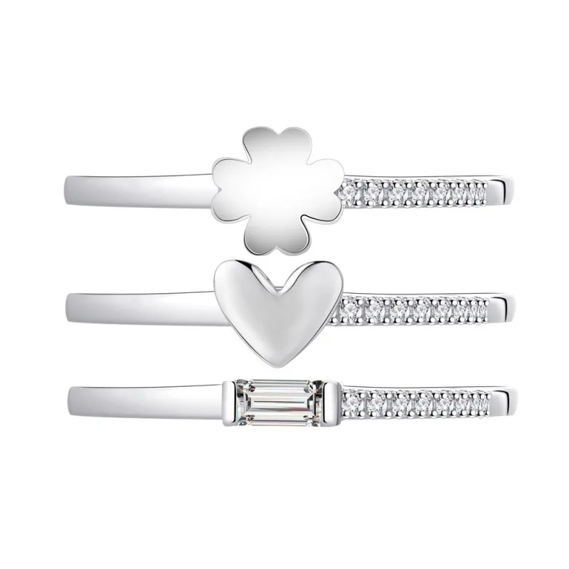 925 Sterling Silver Clover Heart Zirconia Triple Rings Set 70500006
