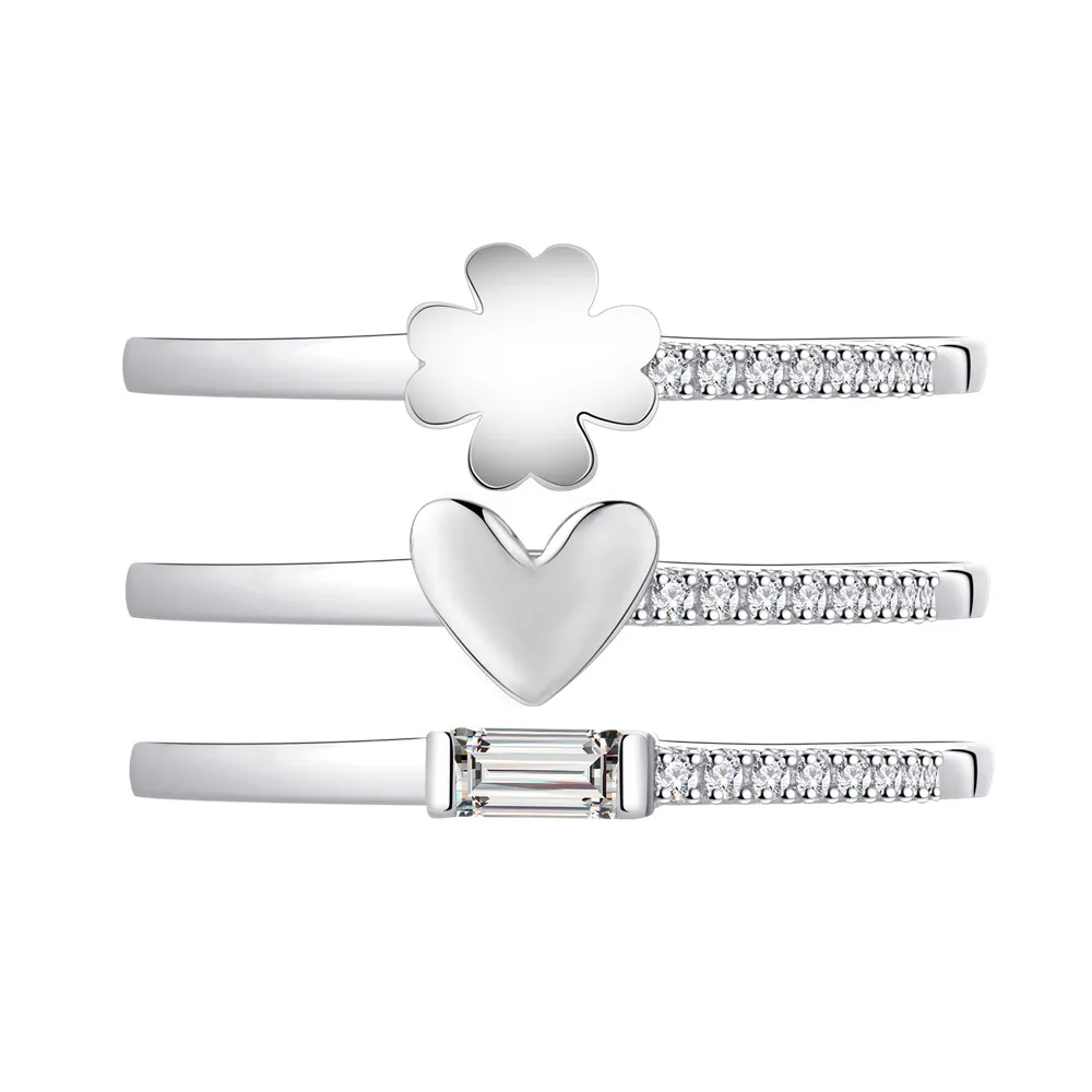 925 Sterling Silver Clover Heart Zirconia Triple Rings Set 70500006