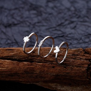 925 Sterling Silver Clover Heart Zirconia Triple Rings Set 70500006