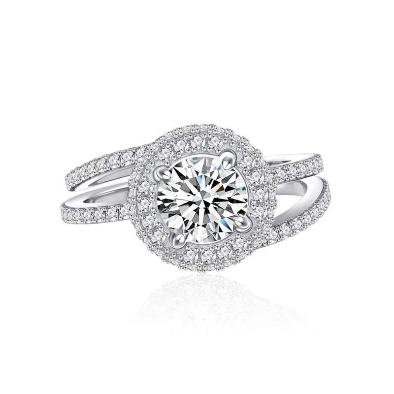 925 Sterling Silver Halo Engagement Zircon Ring Set 70500010