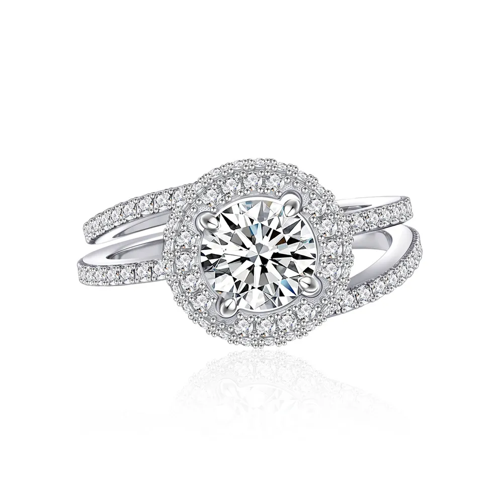925 Sterling Silver Halo Engagement Zircon Ring Set 70500010