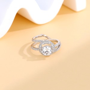 925 Sterling Silver Halo Engagement Zircon Ring Set 70500010