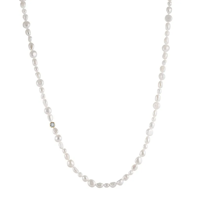 925 Sterling Silver Baroque Fresh Water Pearl Zirconia Necklace 80100053