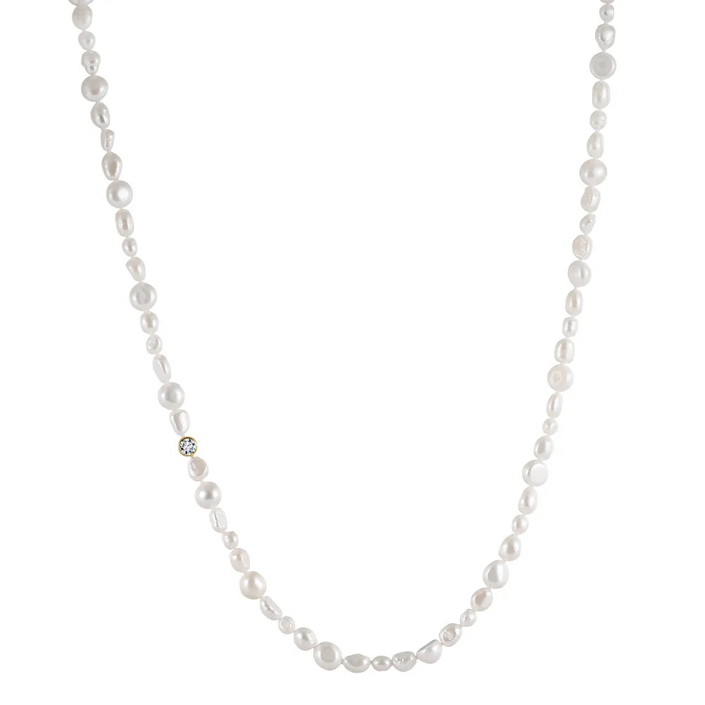 925 Sterling Silver Baroque Fresh Water Pearl Zirconia Necklace 80100053