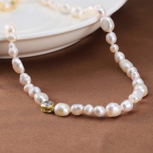925 Sterling Silver Baroque Fresh Water Pearl Zirconia Necklace 80100053